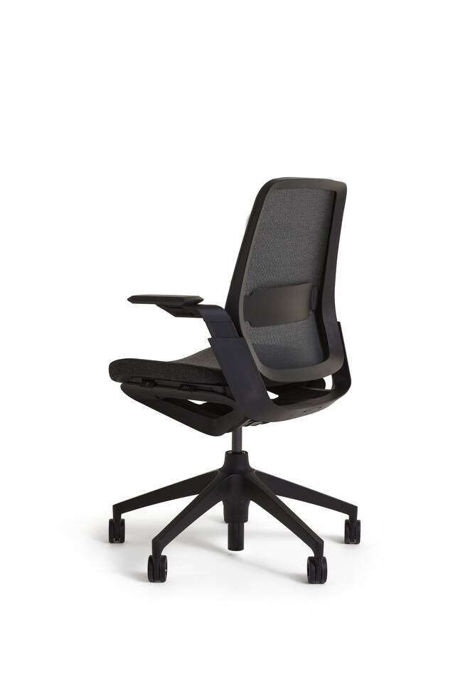 Ahrend Remode office chair in black with upholstered seat and netweave back with lumbar support right rear view