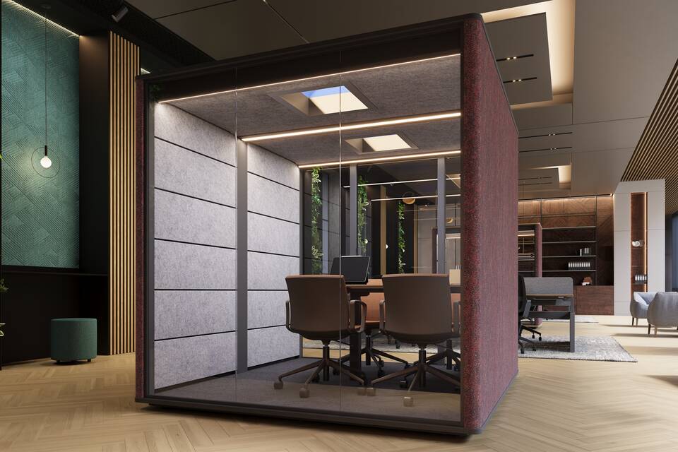 Royal Ahrend Cerene Chat Connect low office pod with brown upholstered sides with grey Well chairs with orange upholstery and Skylight in office space