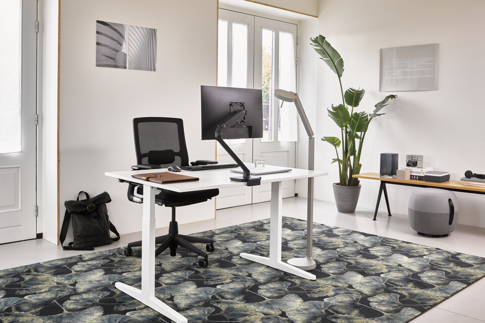 Ahrend Home desk in white and black A2020 Verta office chair with grey Recharge and Pyramid bench in a work from home setting