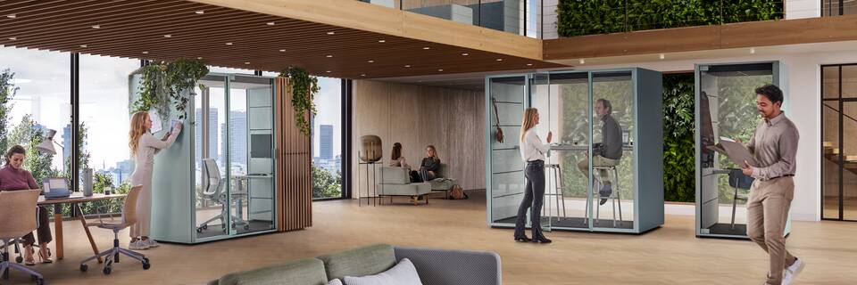 Ahrend Qabin Chat Focus low and Chat Connect high and Call space in space in ice blue with people talking in a vitalising workspace interior view