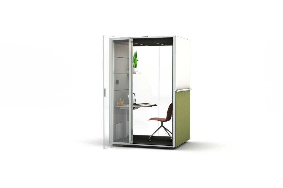 Ahrend Qabin Work office pod in grey with shelf and green suit with red upholstered NOMI Work chair and desk front left view