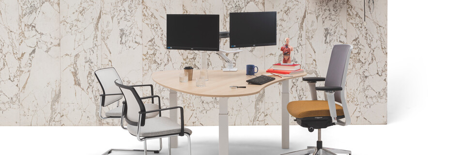 Gispen TMNL doc workstation sit sit in white with oak top and Zinn office and conference chairs in front of marble backpanel front view