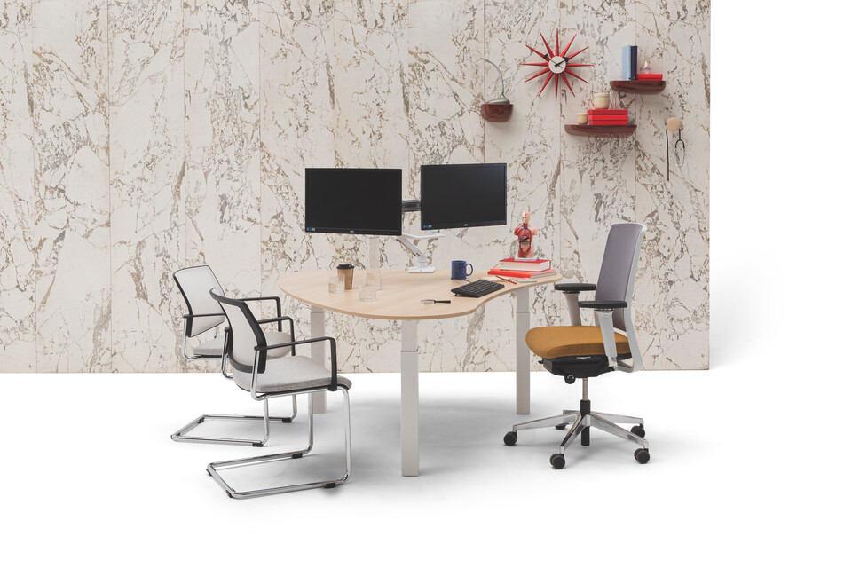 Gispen TMNL doc workstation sit sit in white with oak top and Zinn office and conference chairs in front of marble backpanel front view