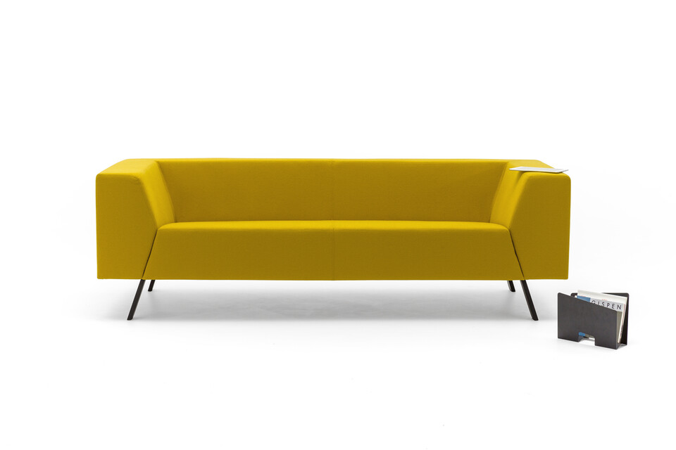 Gispen Sett low 3,5 seat sofa in hallingdal 457 curry yellow and contour magazine rack front view