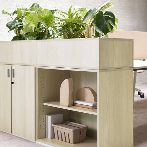 Techo Hyll cabinet in white beech with planter front right detail view