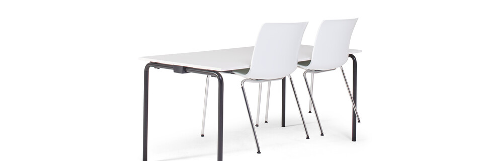 Gispen FLOO foldable table with black legs and white tabletop and chair hook with 2 white Nomi Classic chairs front left view