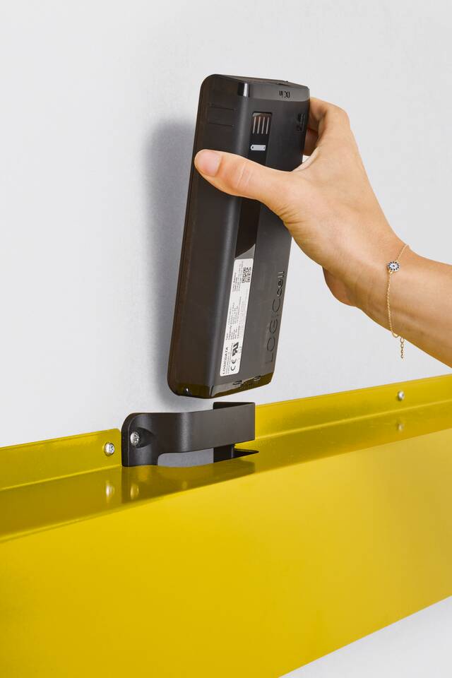 Gispen TMNL Agile folding table in yellow with whiteboard tabletop removable power supply bottom detail view