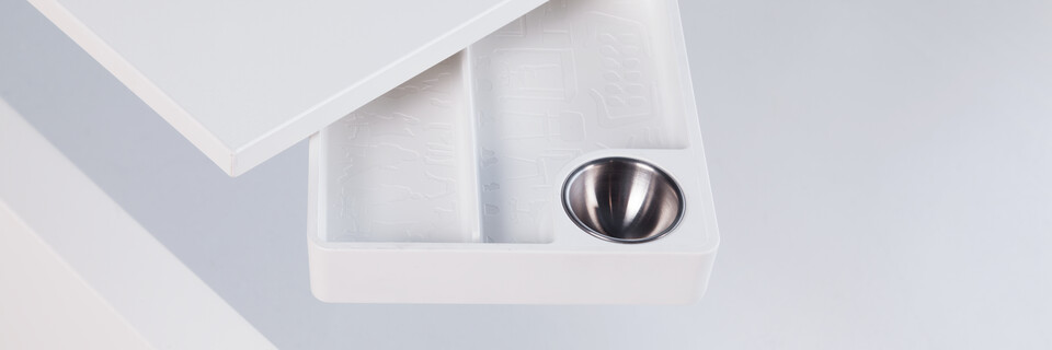 Royal Ahrend Clean desk tray in white half retracted from under tabletop front left view