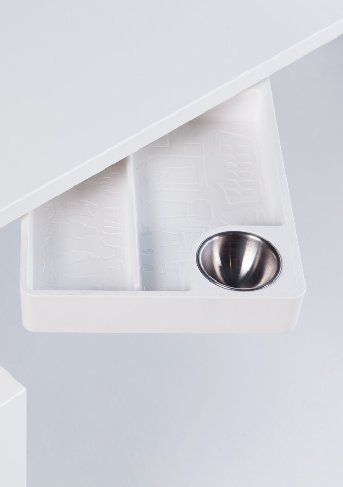 Royal Ahrend Clean desk tray in white half retracted from under tabletop front left view