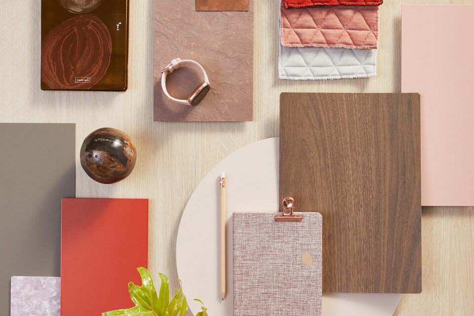 Ahrend Moodboard with red and brown samples top view
