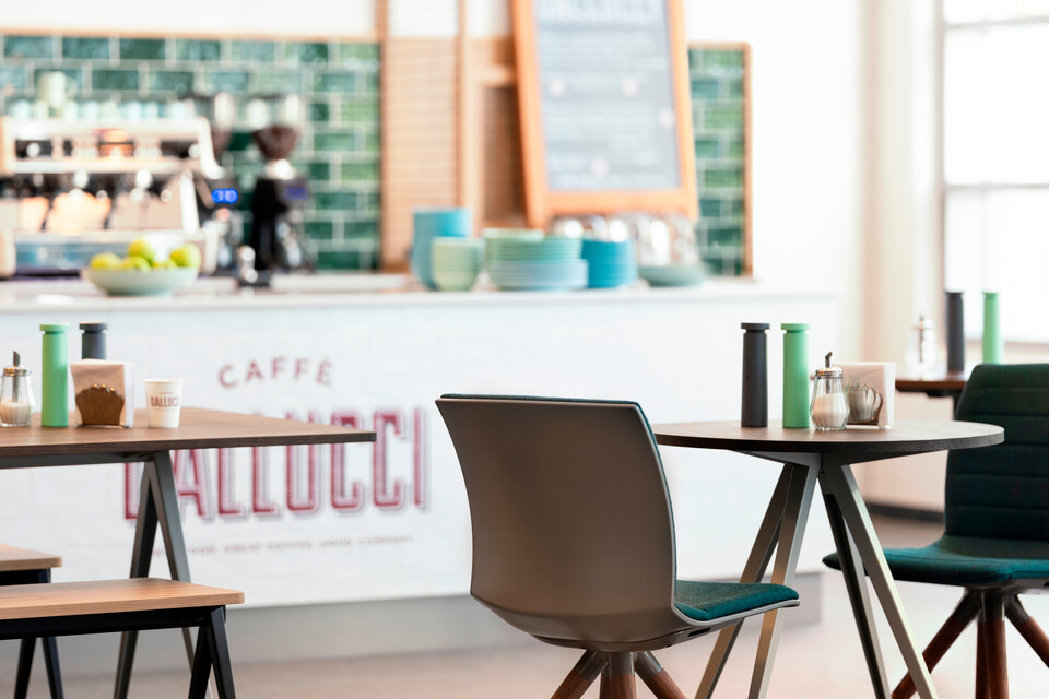 Royal Ahrend Well trestle wood base chairs with grey shells and green front upholstered at Caffe Dallucci in Amsterdam DSF3291