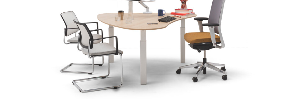 Gispen TMNL doc workstation sit sit in white with oak top and Zinn office and conference chairs front view