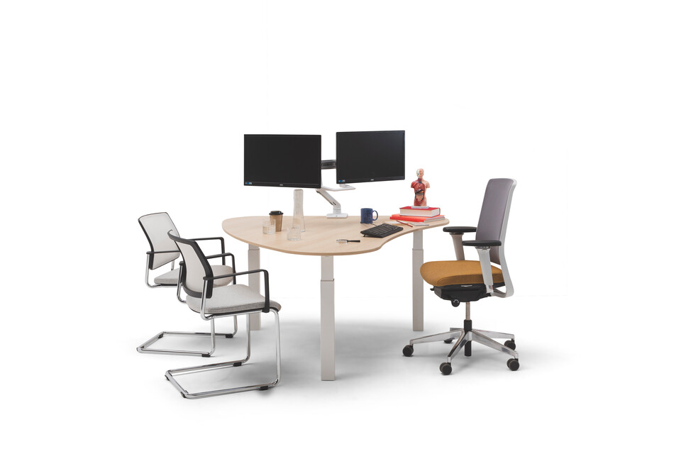 Gispen TMNL doc workstation sit sit in white with oak top and Zinn office and conference chairs front view
