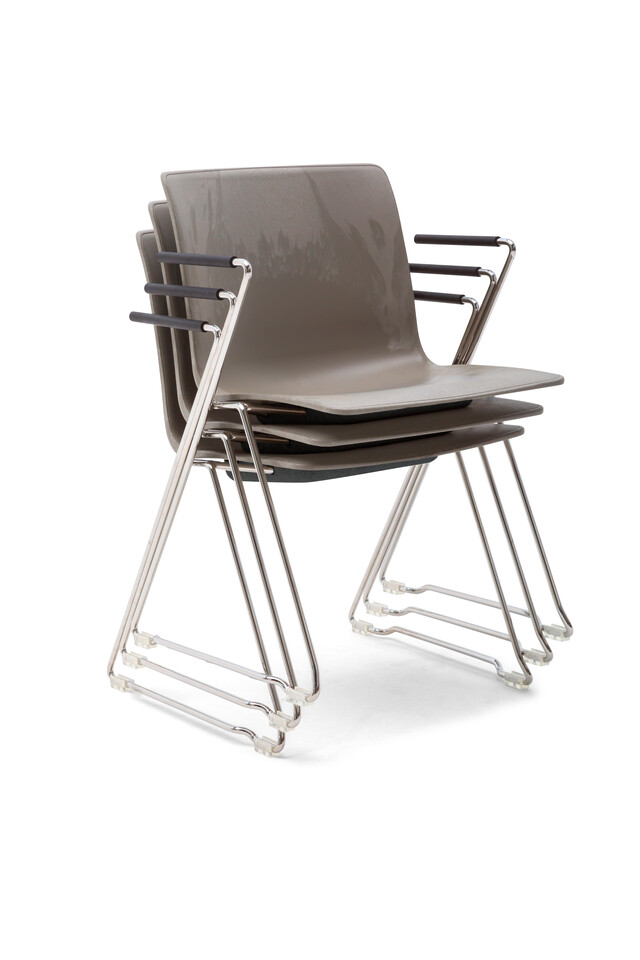 Gispen Nomi Project 3 stacked chairs with chrome frames and armrests with recycled shells front left view
