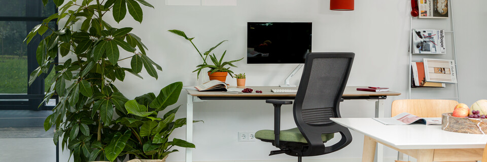 Royal Ahrend balance workstation in white with oak tabletop and Prime office chair upholstered in green and black interior view