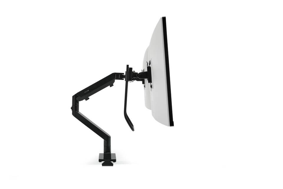 Ahrend Link dual monitorarm in black with monitors positioned high left side view