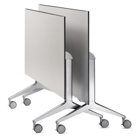 Royal Ahrend 22 folding tables polished on castors with grey top 2 folded next to one another front right view