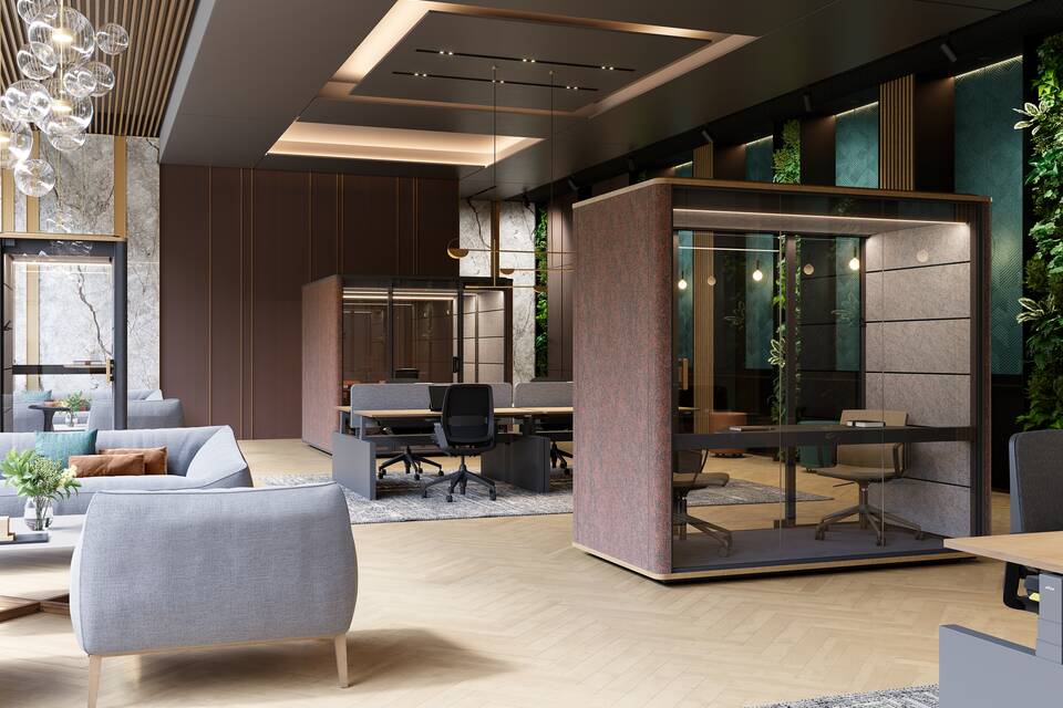 Cerene Chat Connect low, Cerene Call, Cerene Meet Connect low, Well, Balance, Remode Royal Ahrend Cerene Call Chat and Meet office pods with Balance dual desks and Remode office chairs in office space