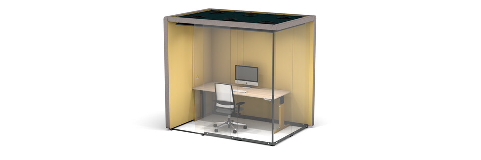 Gispen MOXX space in space 2 by 3 panels upholstered in grey and yellow with sliding door and CIMO workstation and Zinn office chair front right view