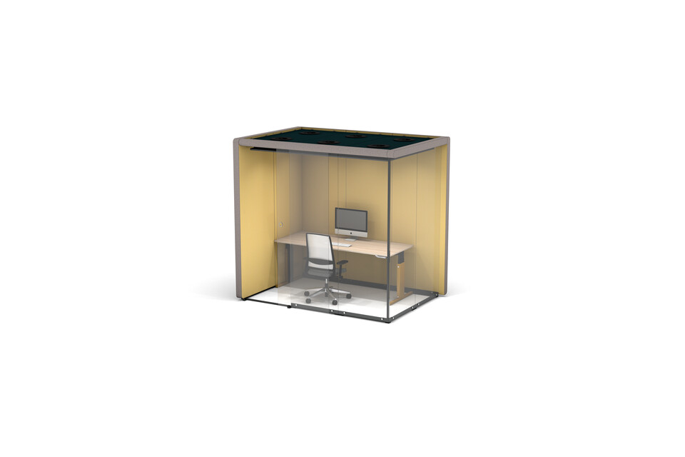 Gispen MOXX space in space 2 by 3 panels upholstered in grey and yellow with sliding door and CIMO workstation and Zinn office chair front right view