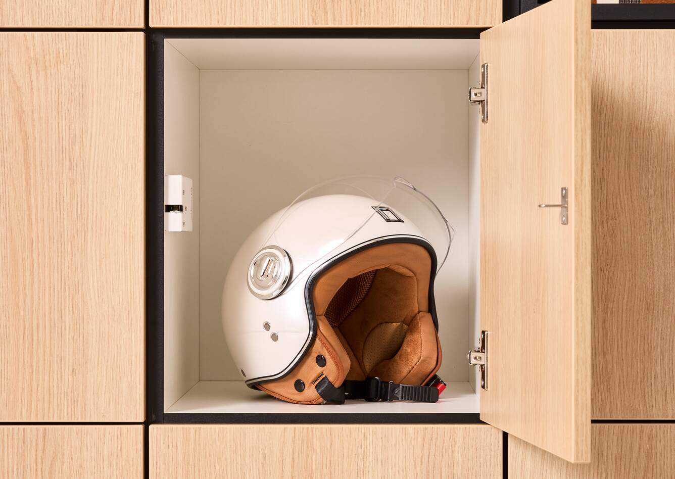 Hyll Smart Locker Techo Hyll Smart Locker with oak doors and helmet inside front detail view