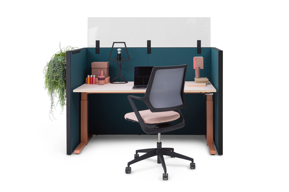 Gispen SEPP Acoustic screen with black frame and upholstered in turquoise with and PEXX transparent screen and TMNL workstation in brown with Zinn Multi chair upholstered in pink front view