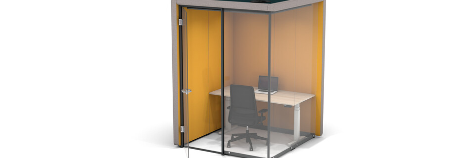 Gispen MOXX space in space 2 by 2 panels upholstered in grey and yellow with swivel door and white TMNL desk and Zinn office chair front right view