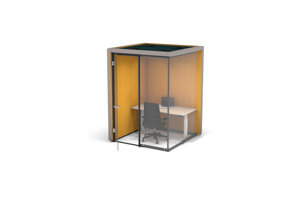 Gispen MOXX space in space 2 by 2 panels upholstered in grey and yellow with swivel door and white TMNL desk and Zinn office chair front right view