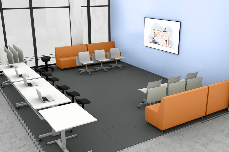 Gispen Classroom setting peer team with JUNA trainbench and TMNL desks and NOMI chairs render