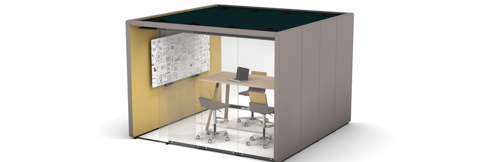 Gispen MOXX space in space 4 by 4 panels upholstered in grey and yellow with sliding door and Team Wood rectangle high table and Triennial Work high chair front right view