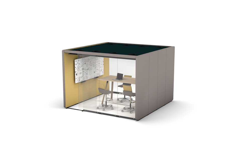 Gispen MOXX space in space 4 by 4 panels upholstered in grey and yellow with sliding door and Team Wood rectangle high table and Triennial Work high chair front right view