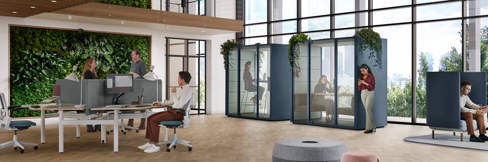 Ahrend Qabin Chat Connect high and Chat Lounge space in space in carbon blue with people working and reading header in a vitalising workspace interior view
