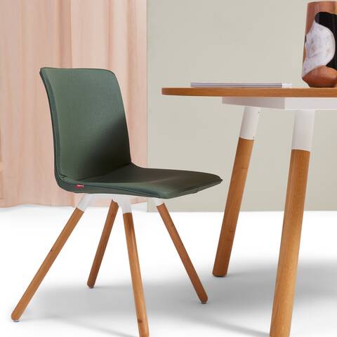 Gispen NOMI Wood chair in white with green upholstered cover and TEAM Wood round table in with and oak front left view