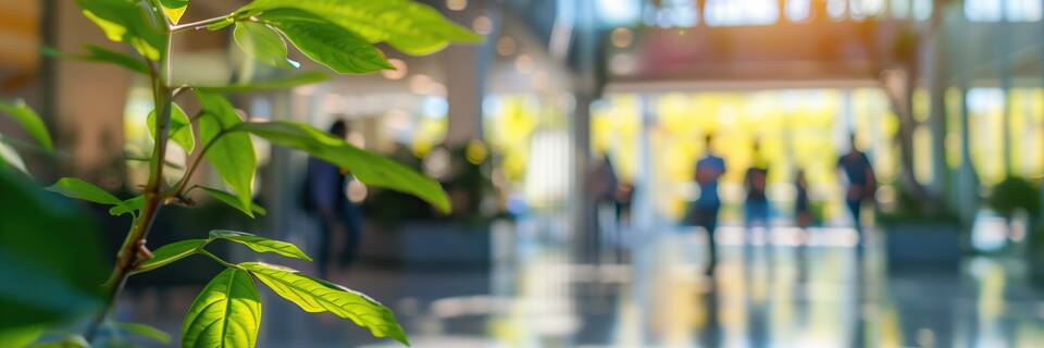 Blurred business people walking in the office corridor with green trees and sunlight. blurred business people at a trade fair, generative ai