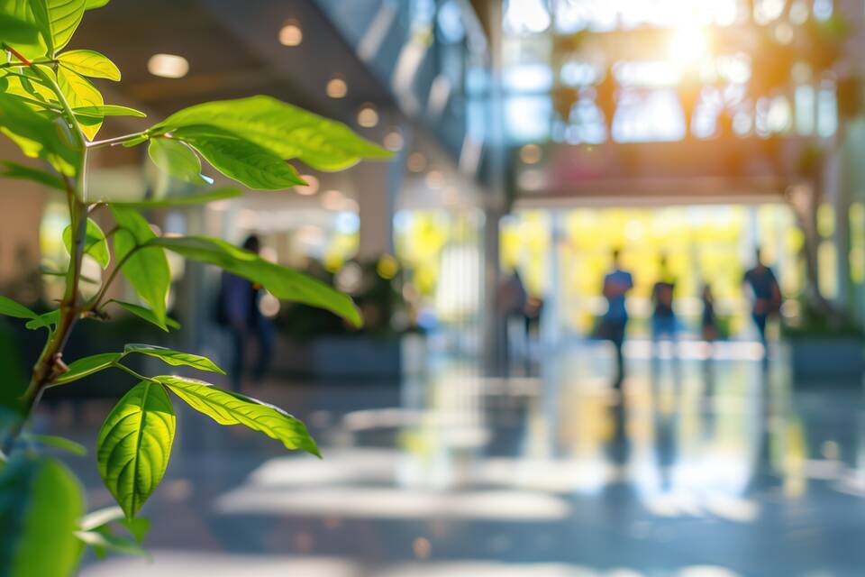 Blurred business people walking in the office corridor with green trees and sunlight. blurred business people at a trade fair, generative ai