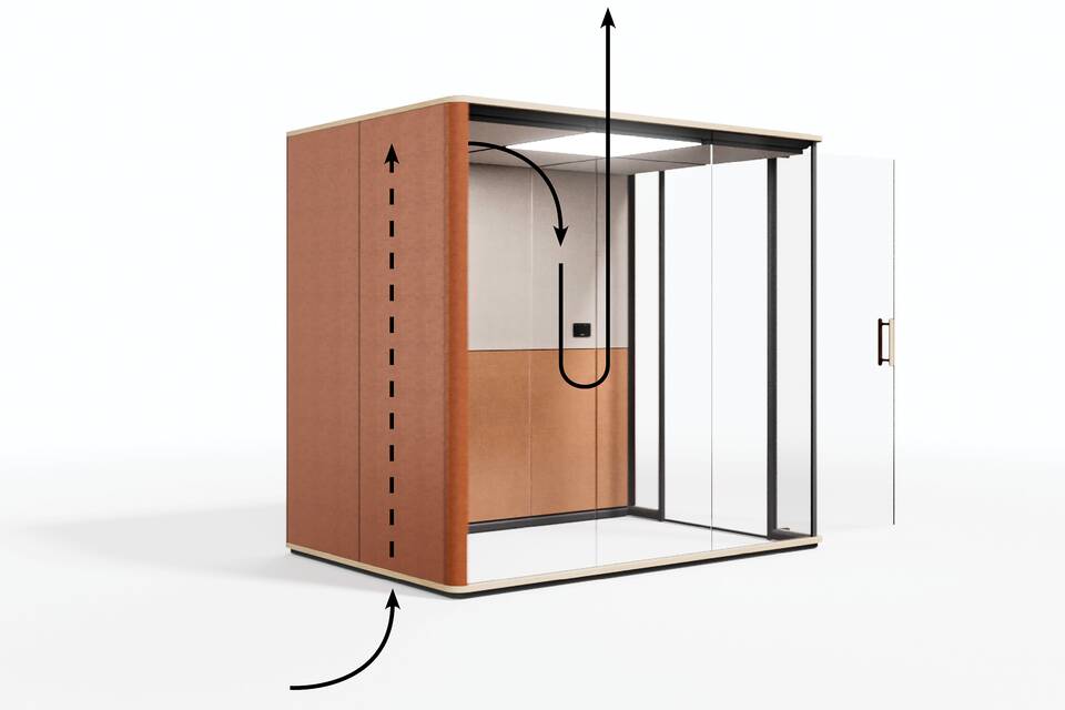Royal Ahrend Zoniq office pod in anthracie and upholstered in orange Air flow front left view