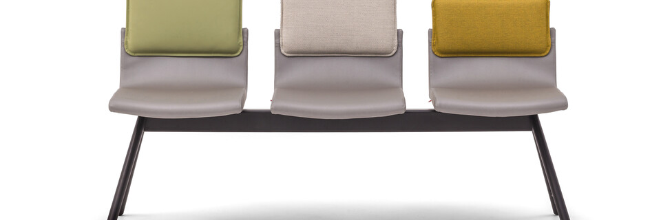 Gispen Triennial Wait chair with seats in silverguard sg94011 sterling and backs in silica 7039 10 and basel 123 and malta 7037 14 front view