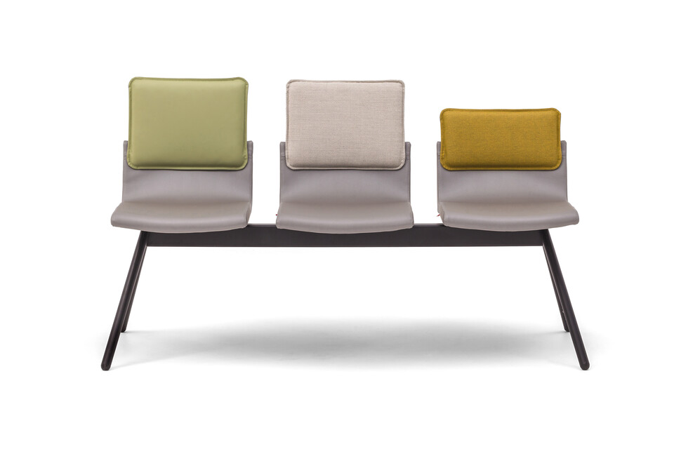 Gispen Triennial Wait chair with seats in silverguard sg94011 sterling and backs in silica 7039 10 and basel 123 and malta 7037 14 front view