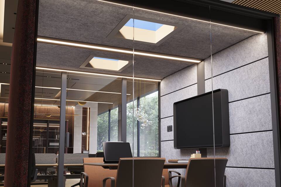 Royal Ahrend Cerene Chat Connect low office pod with brown upholstered sides with grey Well chairs with orange upholstery and Skylight detail view in office space