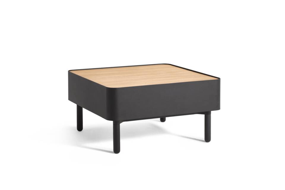 Gispen STEE coffee table with black frame and oak tabletop front left view