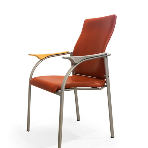 Kembo Kion chair upholstered in orange revitalised with 3D printed armrest front right view
