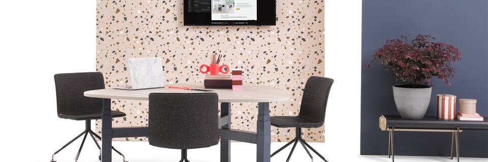 Gispen TMNL Agile 3 leg table in blue with grey beech tabletop with black NOMI work chairs and backpanels front right view