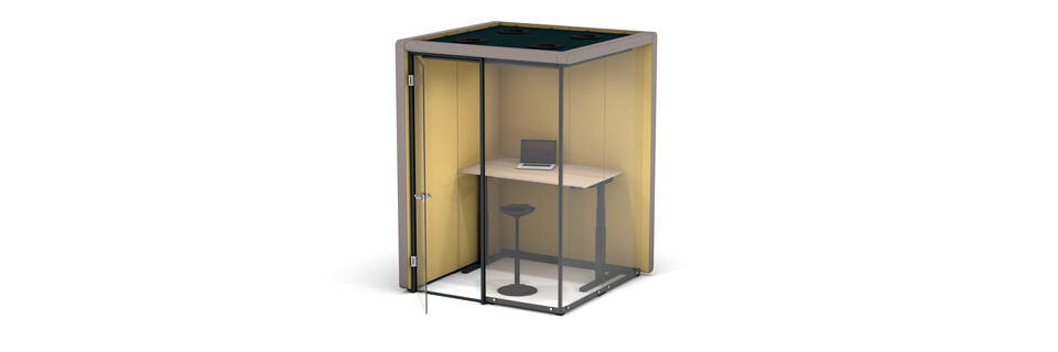 Gispen MOXX space in space 2 by 2 panels upholstered in grey and yellow with swivel door and TMNL sit stand workstation front right view