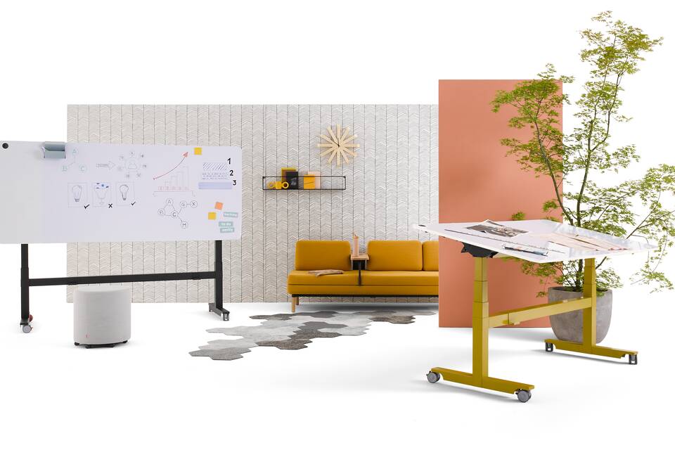 Gispen TMNL Agile folding tables in yellow and black with whiteboard tabletop and backpanels front view