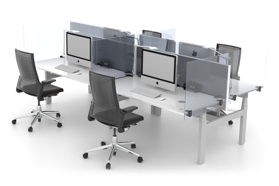 Balance, 2020 Extra Verta, S50, Ahrend Clear Royal Ahrend Balance quatro desks in grey with Ahrend Clear transpartent screens and 2020 Extra Verta office chairs front left view
