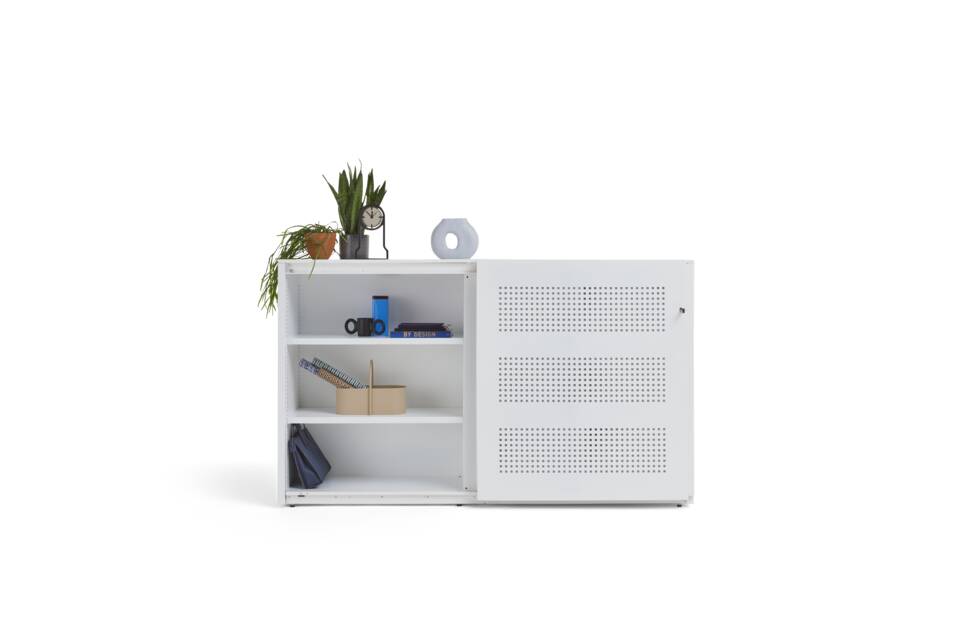Gispen SDK sliding door cabinet mid in white with square perforation and left door open styled front view