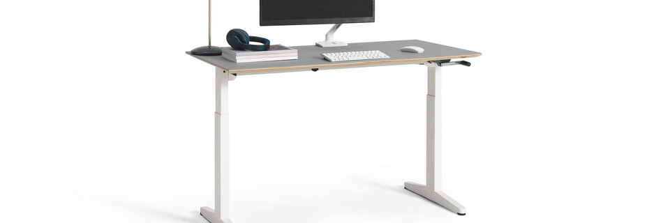 Balance Royal Ahrend Balance desk in white with beige tabletop styled front left view