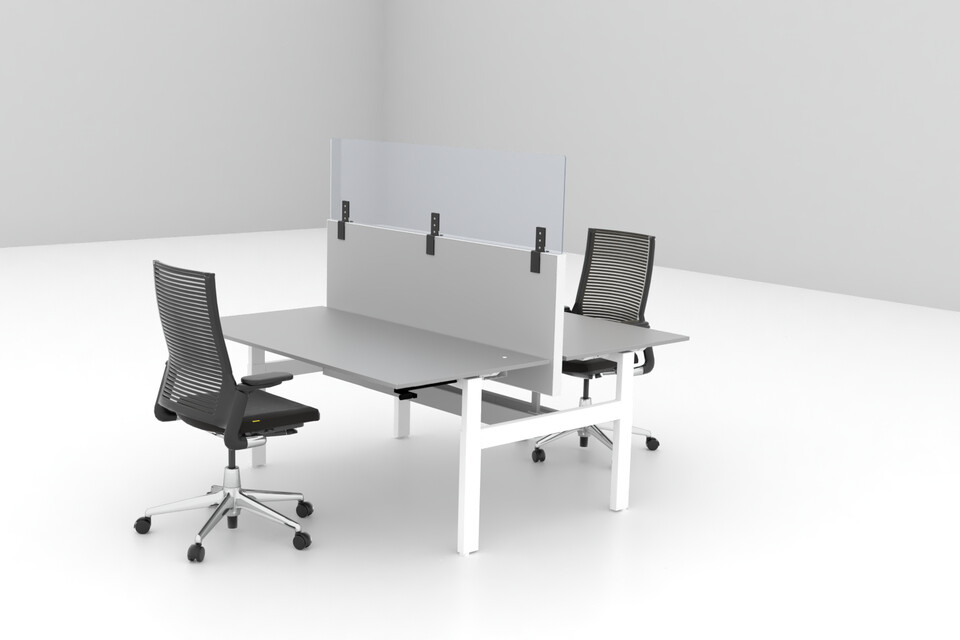 Balance, 2020 Extra Verta, S50, Ahrend Clear Royal Ahrend Balance dual desk in white with Ahrend Clear transpartent screen on S50 and 2020 Extra Verta office chairs front right view