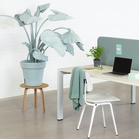 Balance, Revolt, S25 Royal Ahrend Balance 4 leg bench in white with maple tops and light blue screen with white Revolt chair front right detail view