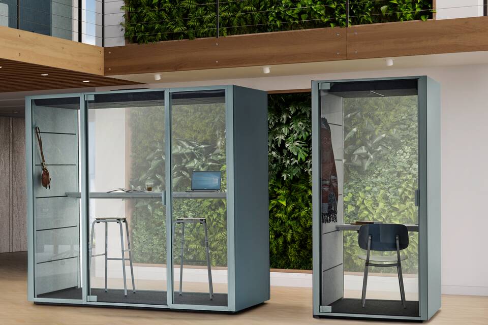 Qabin Connect high, Qabin Call, Charge, Revolt, Grow Stool Ahrend Qabin Chat Connect high and Call space in space in ice blue in a vitalising workspace interior view